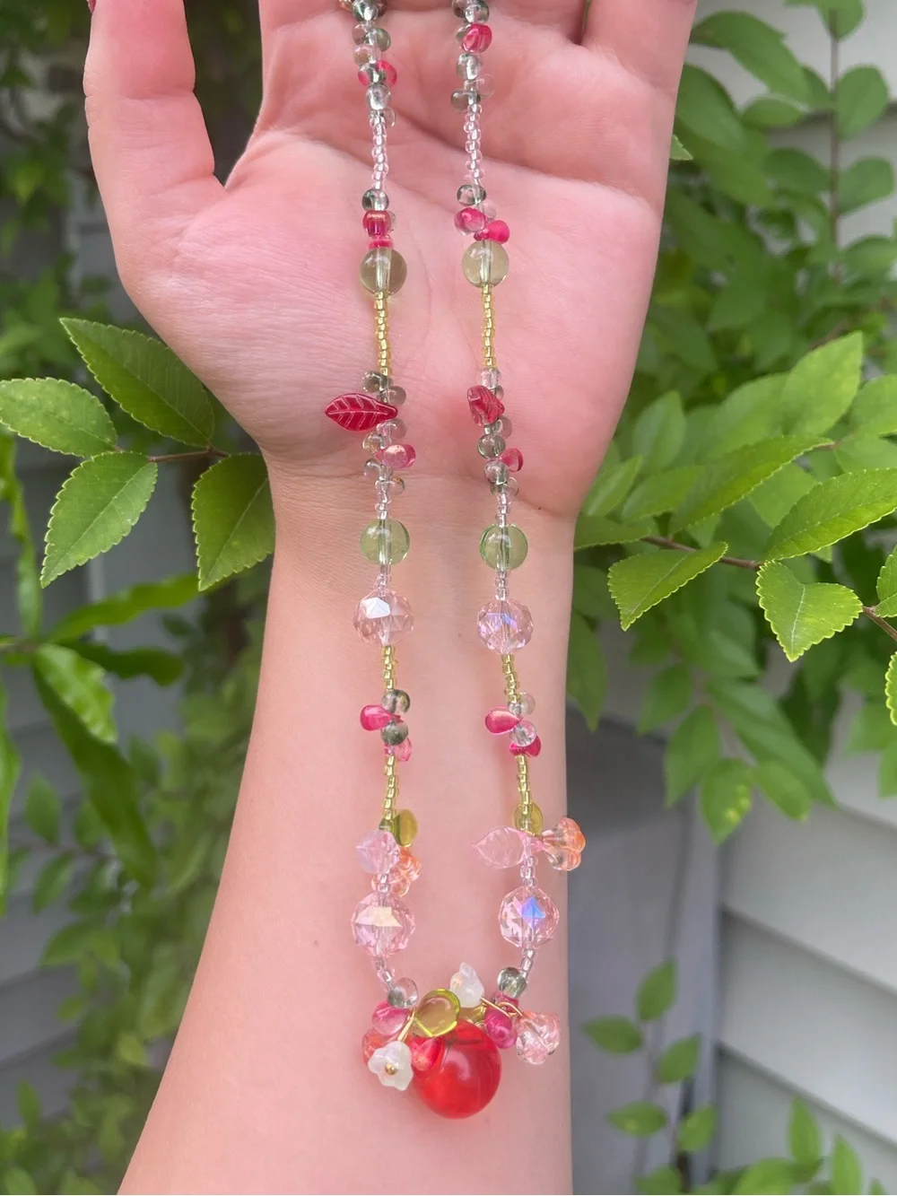 NEW! Handmade Multicolor Glass Bead Necklace with Red Cherry Accent. 🍒